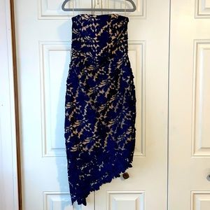Keepsake Asymmetrical Strapless Navy Floral dress Sz XS